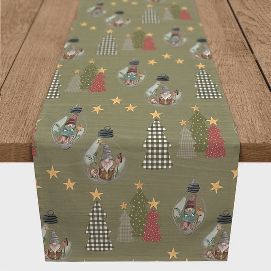 90" Green Tree & Globe Pattern Cotton Twill Runner